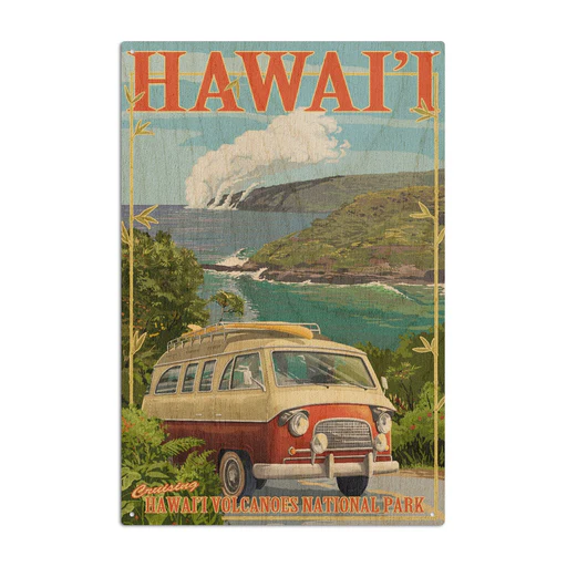 Hawaii Volcanoes National Park, Hawaii, Camper Van, Lantern Press Artwork, Wood Signs And Postcards