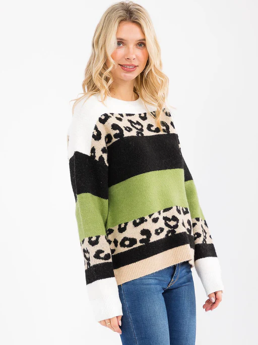 Women's Long Sleeve Colorblock Animal Print Pullover Sweater