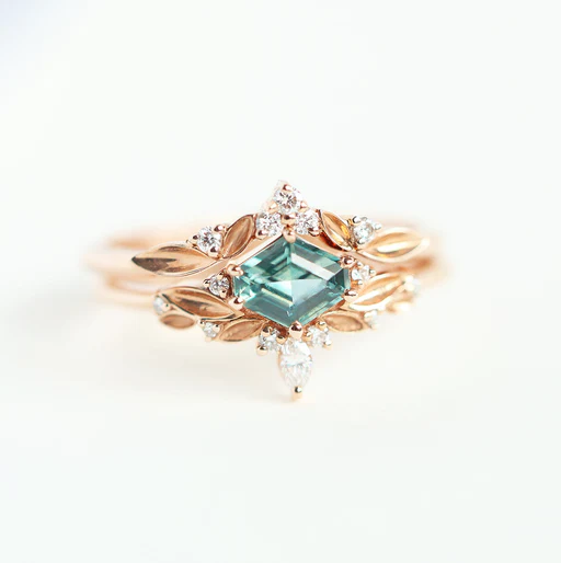 Armony Montana Sapphire Ring, Unique Diamond Leaf Engagement Ring With - 18k Yellow Gold Set