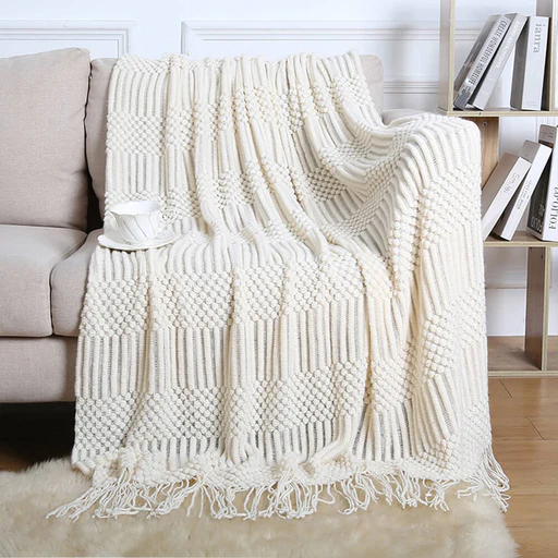 Luxuriously Soft Cozy Knitted Fleece Fringed Edges Throw Blanket - Khaki/51.18"l X 90.55"w