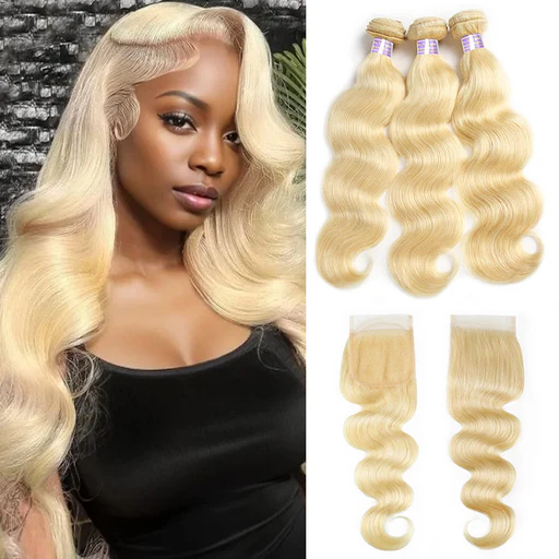 Allove 613 Blonde Body Wave Hair 3 Bundles With 4*4 Lace Closure - 18 20 22 With 16