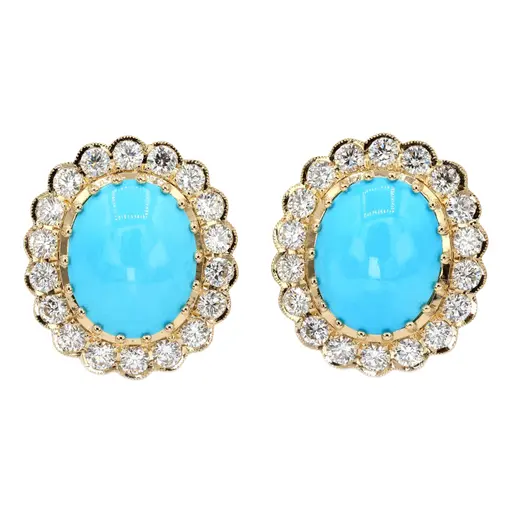 18k Natural Turquoise Diamond Earrings Women Omega Back Style, Set Of 2