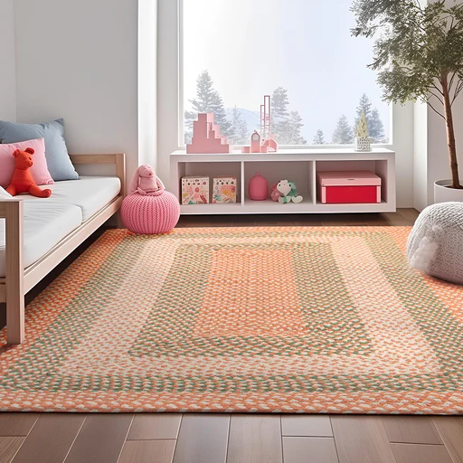Coral, Green Braided Rug - Soft Cotton Bordered Area Rug For Kids Rooms & Nursery - Rectangle/2' X 3'
