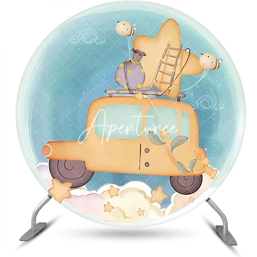 Blue Fairy Tale Car Star Bee Round Birthday Backdrop