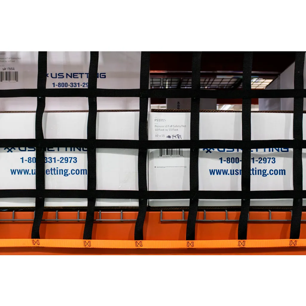 Us Netting Webbing Pallet Rack Netting, 6" Mesh, 25'l X 4'w, Black/orange