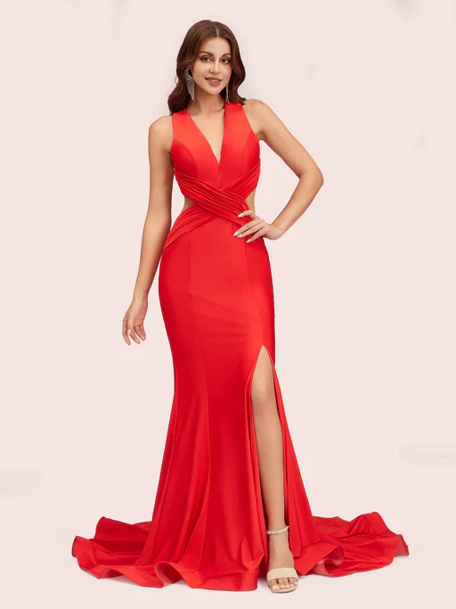 Sexy Mermaid Side Slit Deep V-neck Stretchy Jersey Long Bridesmaid Dresses Online - Purple