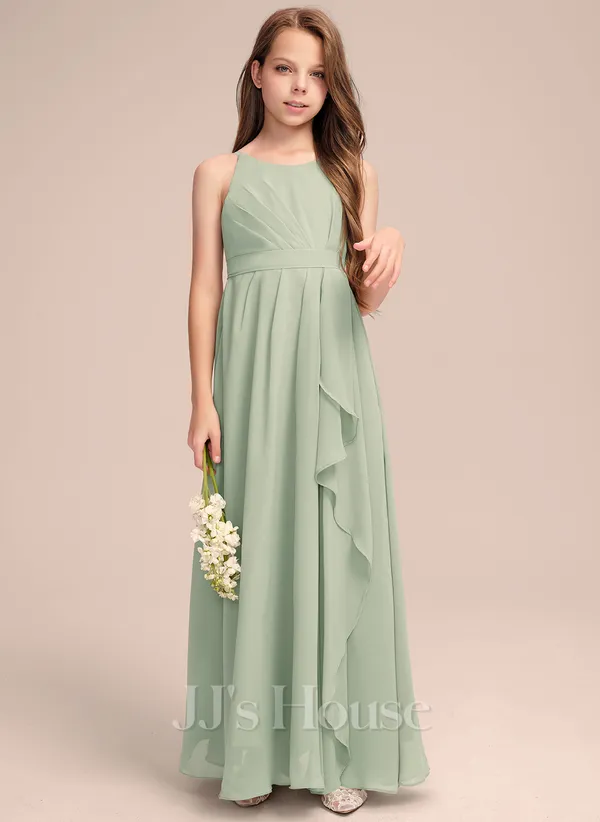 A-line Scoop Floor-length Chiffon Junior Bridesmaid Dress With Cascading Ruffles