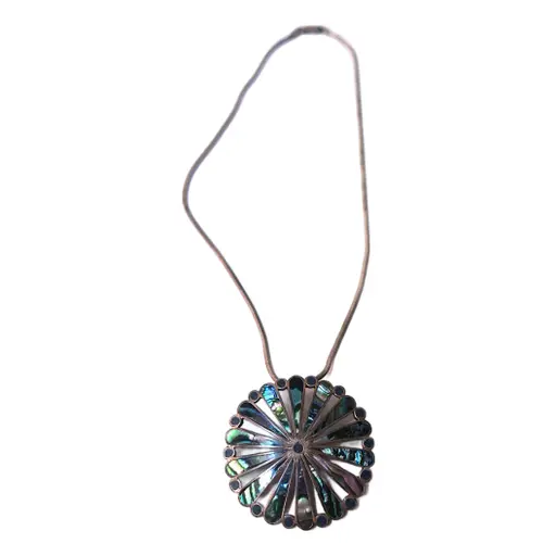 Designer Mexican Abalone Sterling Silver Pendant On Italian Sterling Silver Necklace, 2 Pieces, Circa Mid-20th Century