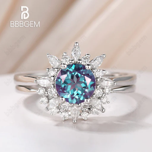 Floral Blue Round Alexandrite Engagement Ring Set 2pcs With Diamond Or Moissanite - Platinum