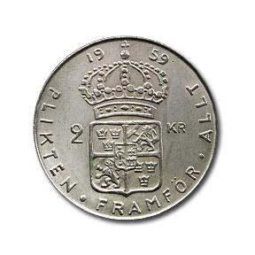 1952-1966 Sweden Silver 2 Kronor Au/bu
