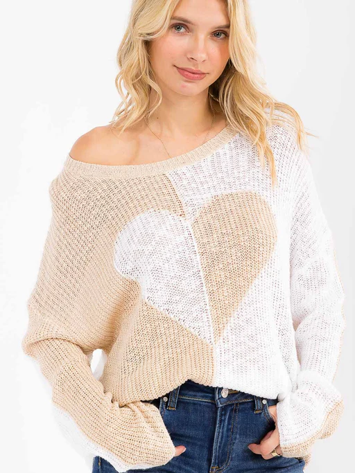 Women's Long Sleeve Colorblock Heart Print Knit Pullover Sweater