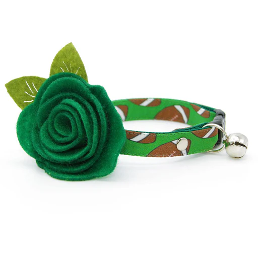 Cat Collar + Flower Set - "football" - Sporty Green Football Cat Collar W/ Clover Green (detachable) / Cat, Kitten + Small Dog Sizes - Silver/non-breakaway