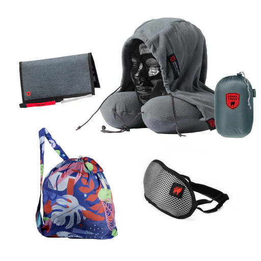 Ultimate Travel Bundle: Hooded Travel Pillow, Bindle & More - Slate Gray/dark Tropic