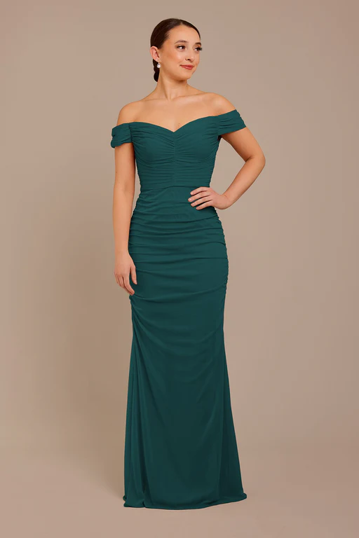 Mesh Off-the-shoulder Ruched Dress - Gem