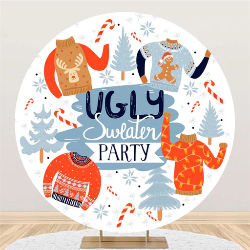 Blue White Ugly Sweater Party Tree Circle Backdrop - Diameter 6ft/1.8m