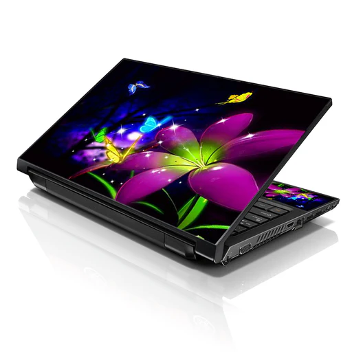 Laptop Notebook Skin Decal With 2 Matching Wrist Pads - Purple Blue Floral - 12"