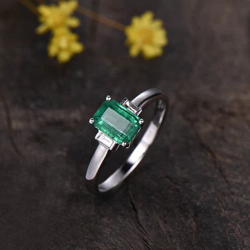 Vintage Natural Emerald Cut Emerald And Baguette Cut Diamond Engagement Ring Three Stone - 18k Yellow Gold
