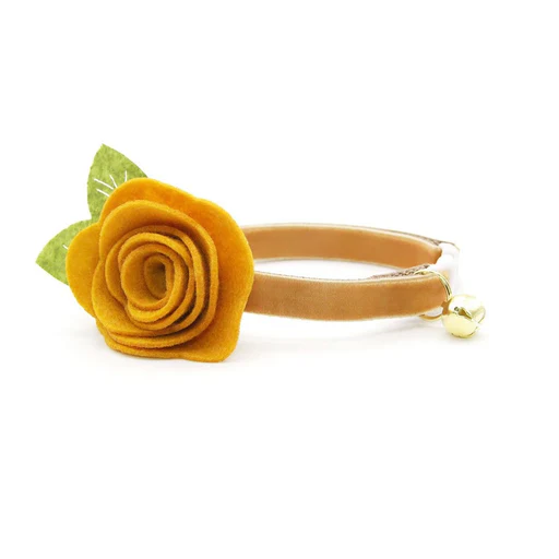Cat Collar + Flower Set - "velvet - Caramel" - Light Brown Sugar Gold Velvet Cat Collar W/ Mustard Gold Felt Flower (detachable) - Gold/small Dog (12-16)/non-breakaway