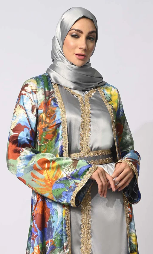 Luxurious Layers: Women's Printed Satin Shrug With Lining And Belt