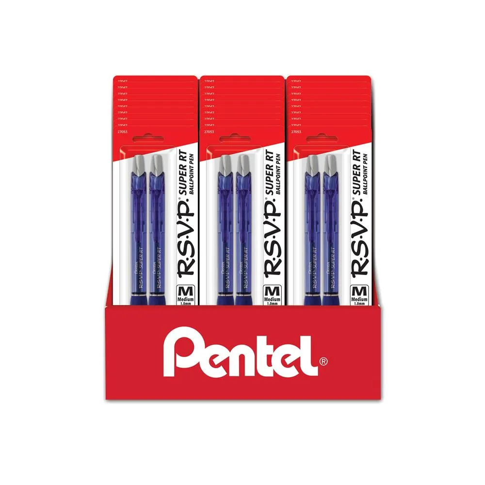 Rsvp Super Rt Ballpoint Pen, (1.0mm) Med. Line, Blue Ink, 2-pks, Blister Pack Counter Display - 27 Pieces - Bulk