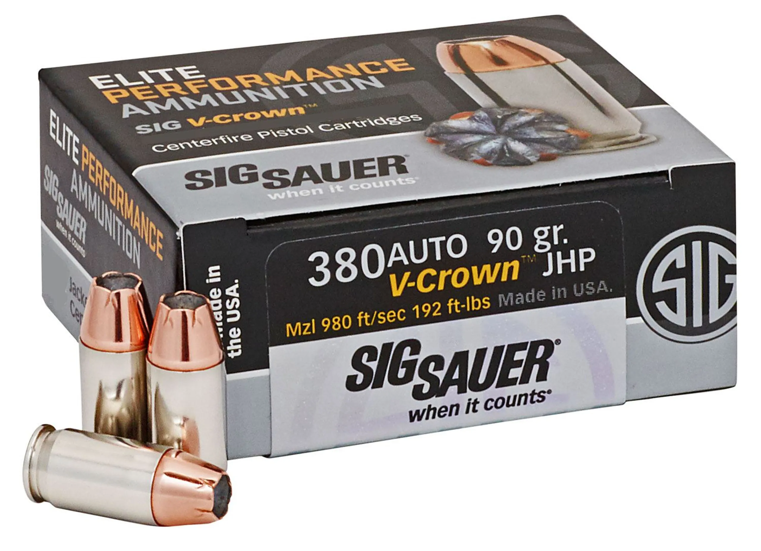 Sig Sauer E380a150 Elite Performance 380acp 90gr V-crown Jacketed Hollow Point 50 Per Box/10 Case Centerfire, Handgun Ammunition