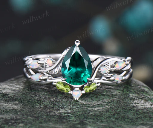 Unique May Birthstone Pear Cut Emerald Engagement Ring Set Leaf Vine Twig Branch Nature Inspired Ring Natural Peridot Opal Wedding Band Art Deco 2pcs Bridal Ring Set Green Gemstone Ring Women - 10k Yellow Gold/only Wedding Band