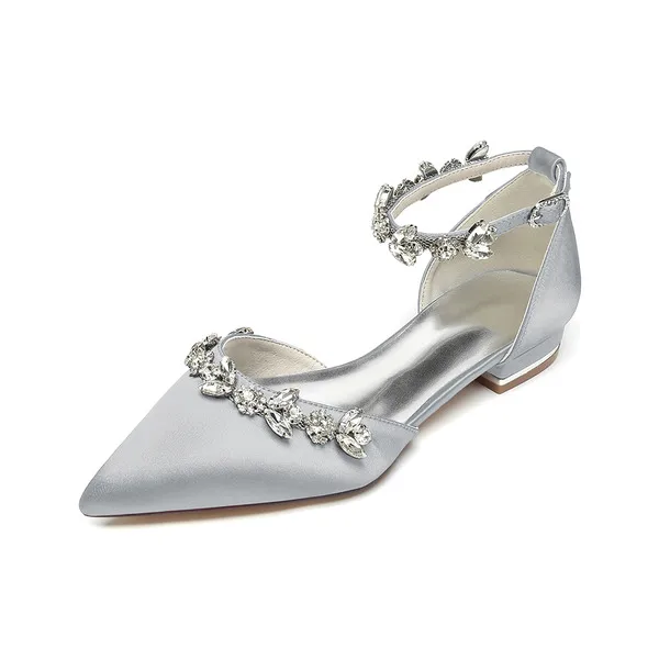 Women's Wedding Shoes Satin Chunky Heel Point Toe Wedding Flats Bridal Shoes Bridesmaid Shoes Rhinestone Elegant Wedding Party Shoes