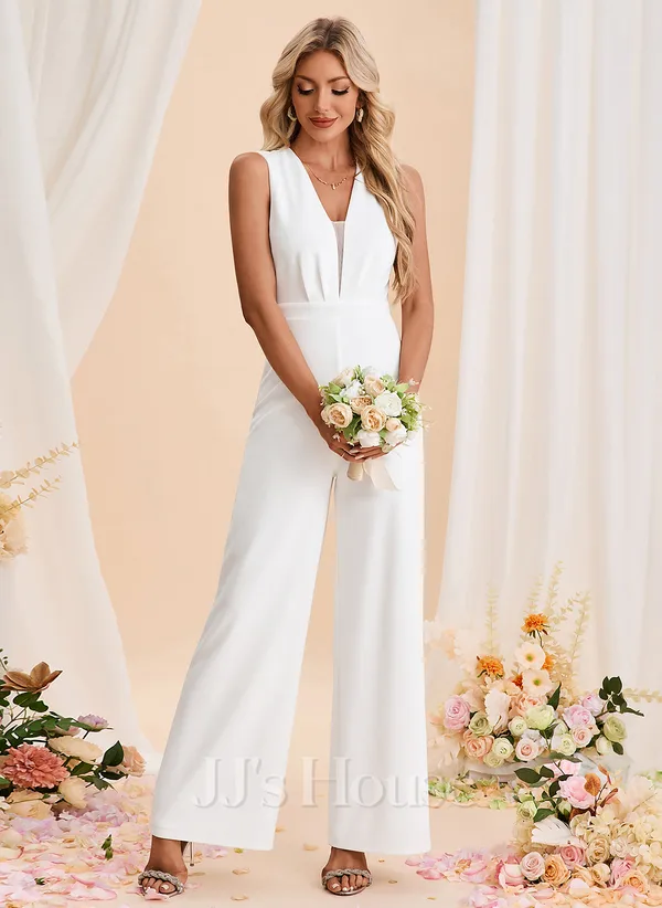 Jumpsuits V-neck Floor-length Stretch Crepe Wedding Dress (002424829)