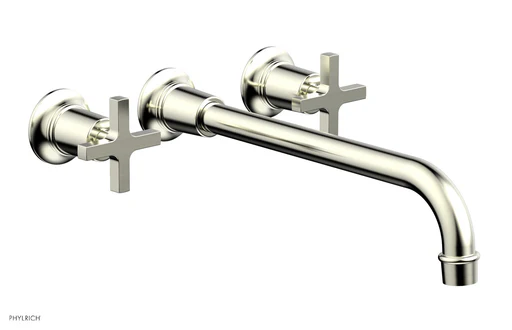 Hex Modern Wall Lavatory Set 12" Spout - Cross Handles 501-13-12 - Satin Nickel