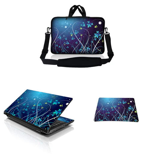 Notebook / Netbook Sleeve Carrying Case W/ Handle & Adjustable Shoulder Strap & Matching Skin & Mouse Pad – Blue Swirl Mid Summer Night Floral - 13"-13.3"