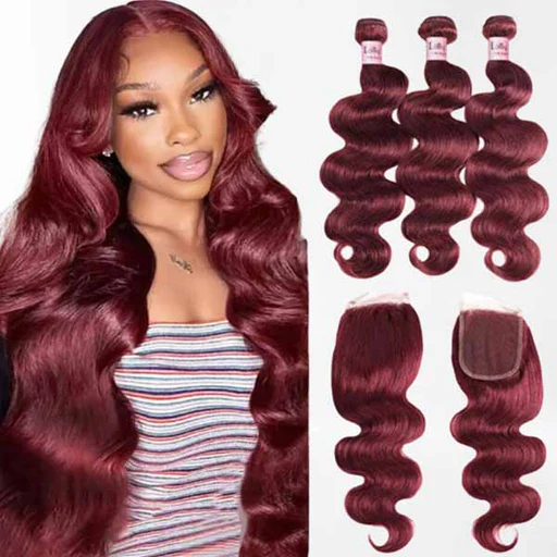Dark Burgundy Bundles With Closure Body Wave 99j Colored Human Hair Bundles With 4x4 Hd Lace Closure