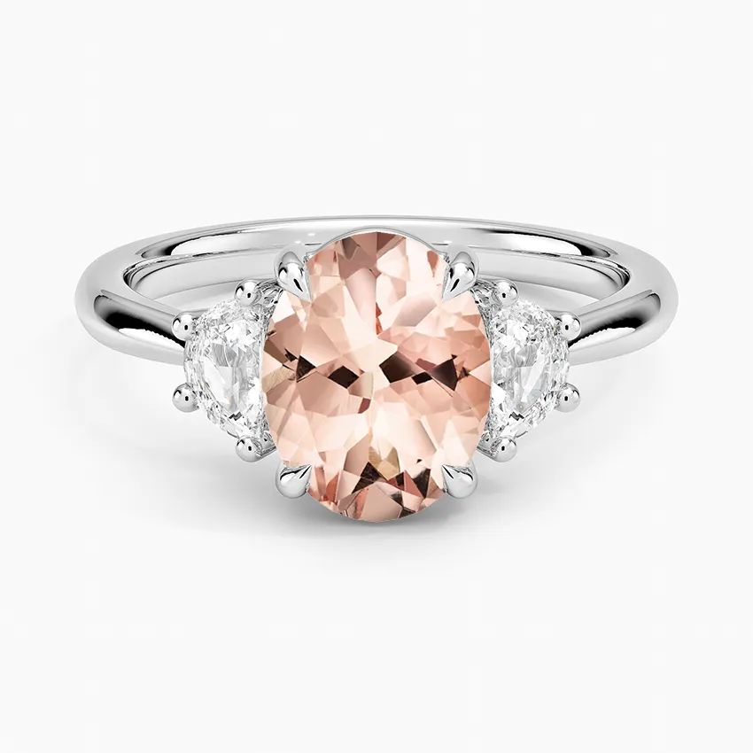Morganite Half Moon Three Stone Diamond Ring (1/4 Ct. Tw.) In 18k White Gold