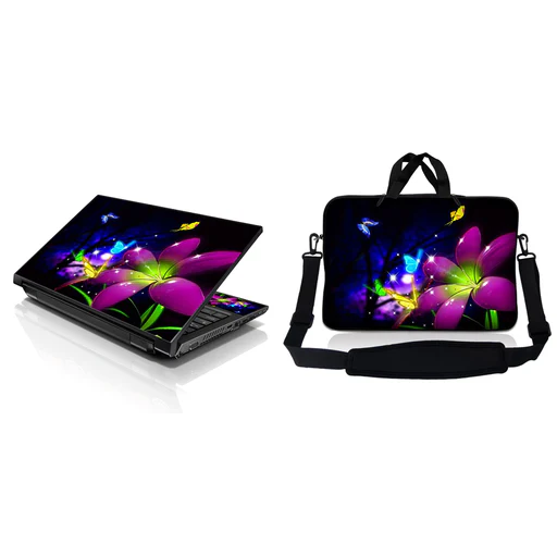 Notebook / Netbook Sleeve Carrying Case W/ Handle & Adjustable Shoulder Strap & Matching Skin – Purple Blue Floral - 16"-17.4"