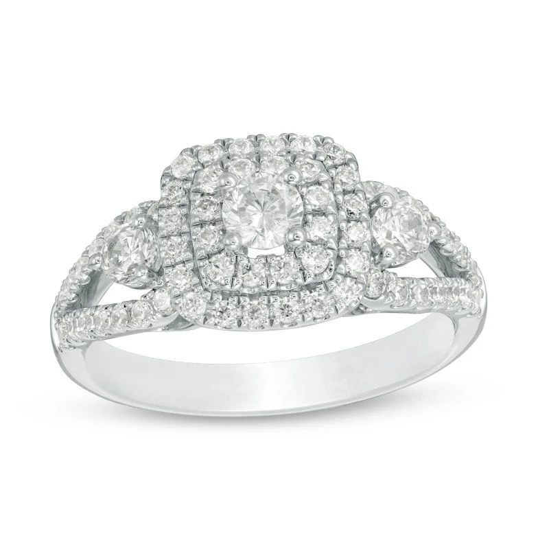 Ct. T.w. Diamond Past Present Future Double Cushion Frame Engagement Ring In 14k Two-tone Gold