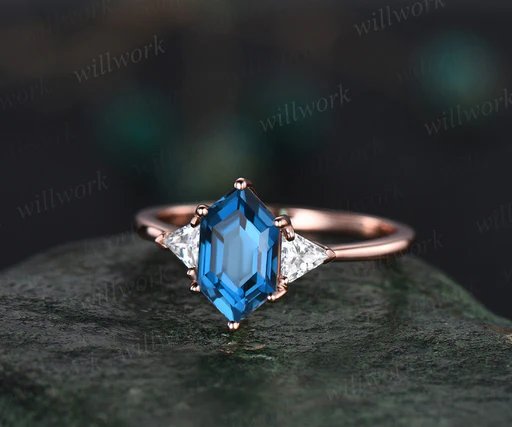 Long Hexagon London Blue Topaz Ring Rose Gold Amethyst Wedding Ring Trilliant Moissantie Ring Three Stone Engagement Ring Women Crystal Ring - 14k Rose Gold/2pc Ring Set