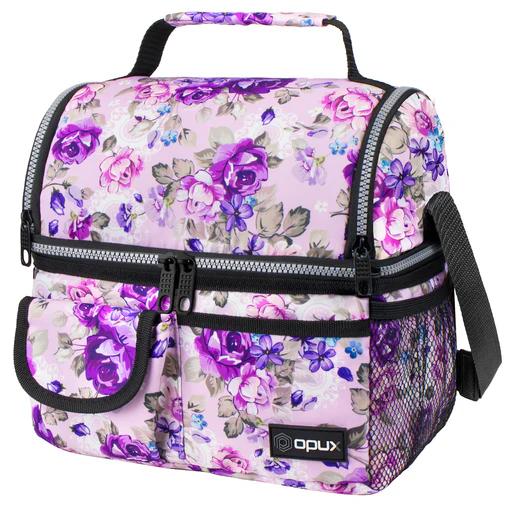 Two-sided Double Deck Insulated Lunch Box - 16 Cans - Floral Purple