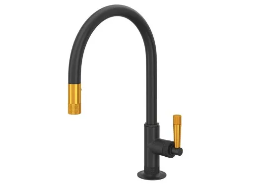 Rohl Graceline Matte Black Pulldown Kitchen Faucet With Gold Lever Handle- Mb7930lmmbg2