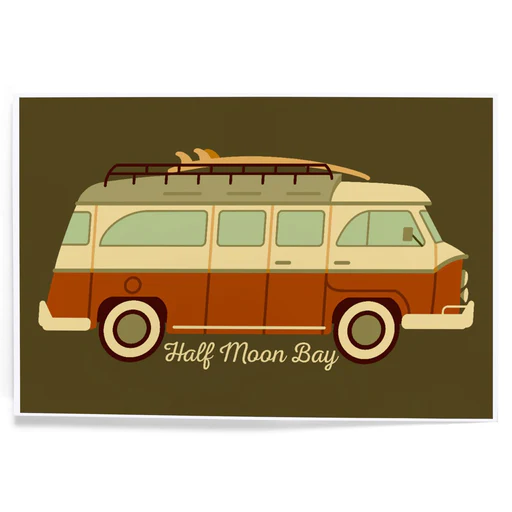Half Moon Bay, California, Camper Van With Surfboard, Geometric, Art & Giclee Prints - 12 X 18 Art Print