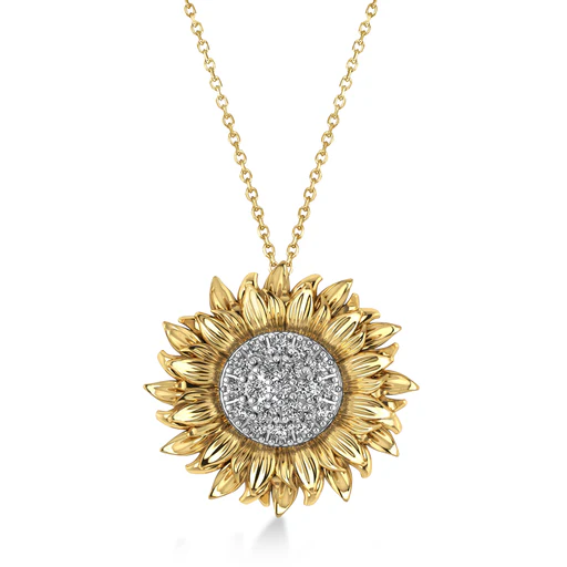 Large Sunflower Diamond Pendant Necklace 18k Two-tone Gold (0.38ct)