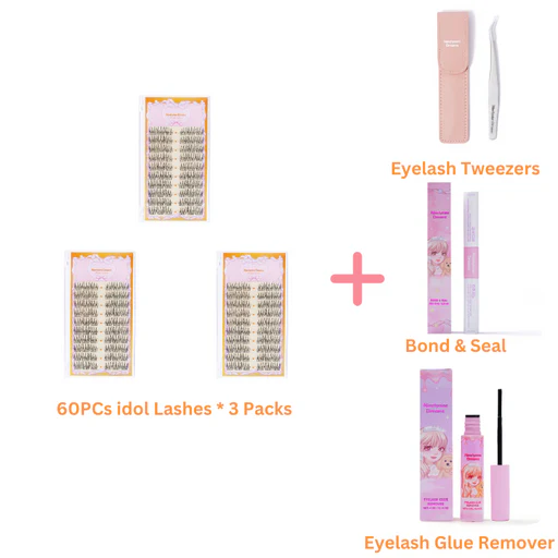 60pcs Idol Lashes - 3 Packs + Accessories (tweezers + Bond & Seal + Lash Remover)