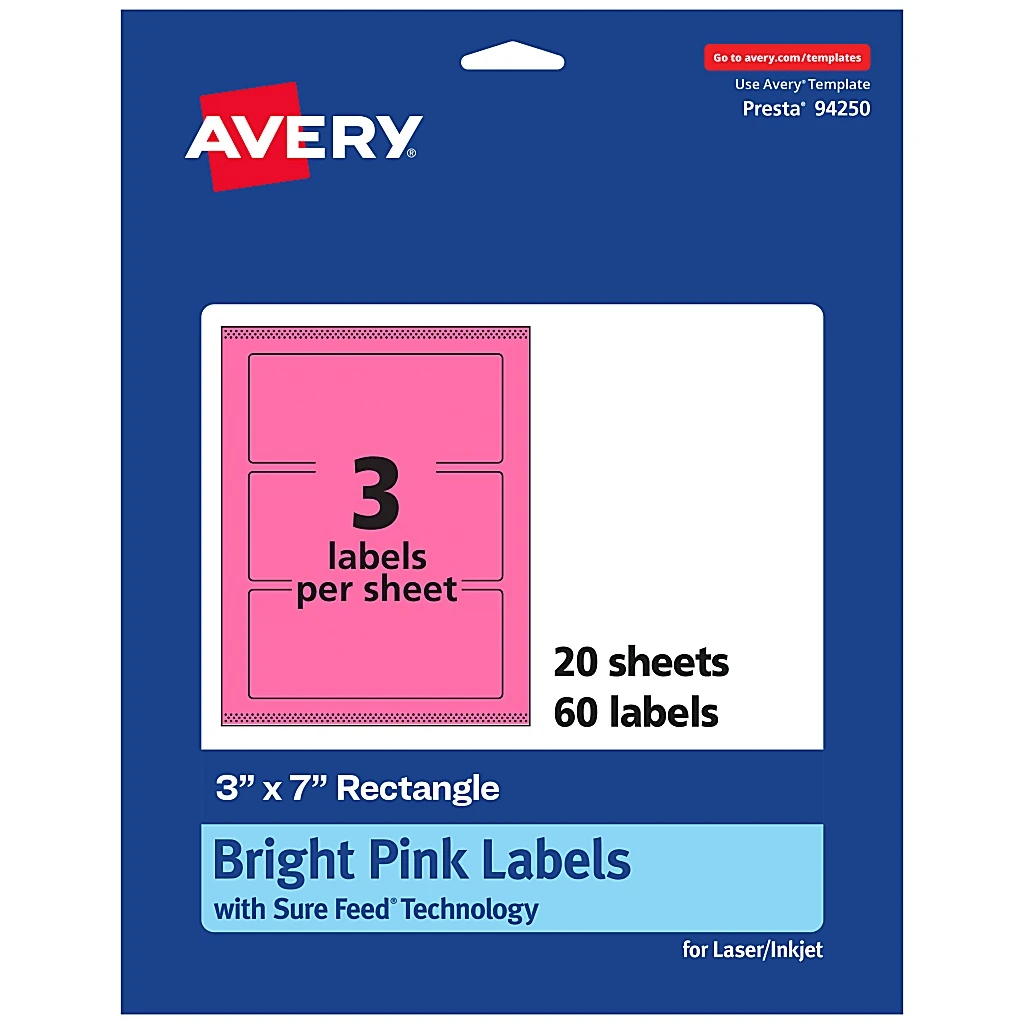 Avery Print-to-the-edge Labels With Sure Feed Technology 94250-bpp20 Rectangle 3 X 7 Matte Bright Pink Pack Of 60