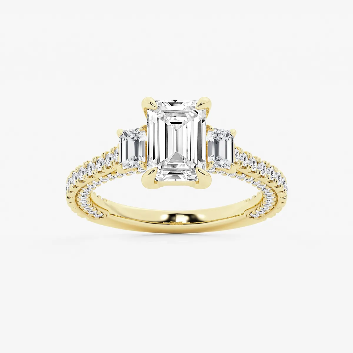 3 1/10 Ctw Emerald Lab Grown Diamond Three Stone Engagement Ring With Side Diamonds 14k Yellow Gold, E, Vs1