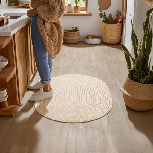Beige, Brown Braided Rug - Reversible Solid Constrution - Indoor Outdoor & Kitchen Ready - Oval/5' X 8'