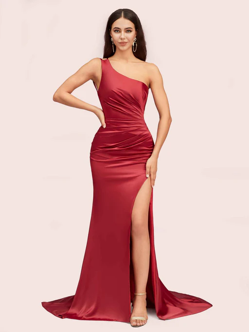 Sexy One Shoulder Mermaid Side Slit Long Satin Formal Prom Dresses Online - Ivory