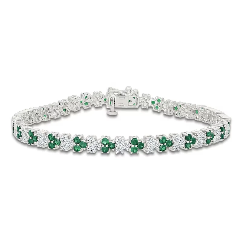 Lab-created Emerald & White Lab-created Sapphire Trios Bracelet Sterling Silver 7 Inch