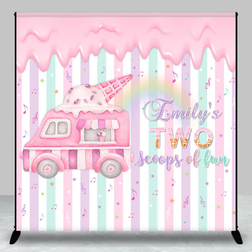 Pink Ice Cream Truck Custom 2nd Birthday Backdrop - 6x6ft(1.8x1.8m)
