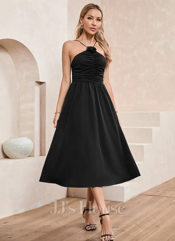 Halter Spaghetti Straps A-line Jersey Midi Dress