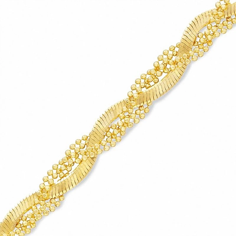 14k Gold Braided Bead Snake Bracelet - 7.25"
