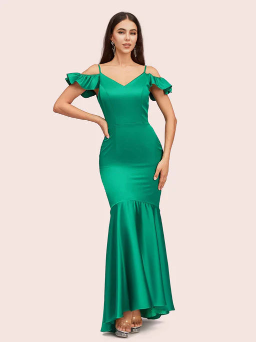 Sexy Mermaid Cold Shoulder Soft Satin Long Bridesmaid Dresses Online - Ivory