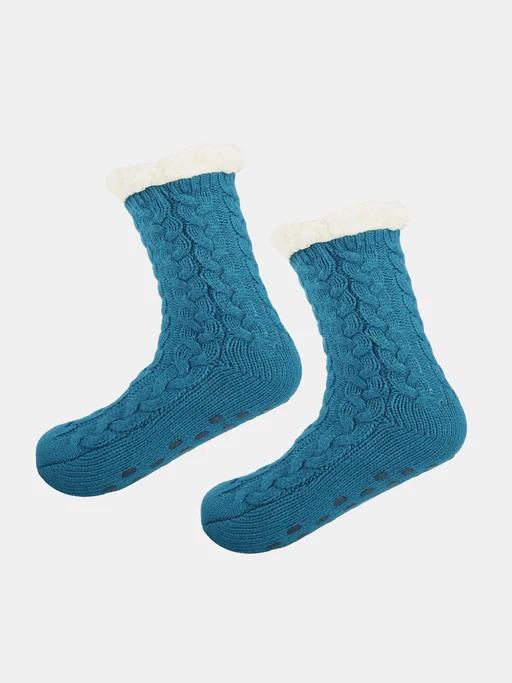Cable Knit Sherpa-lined Slipper Socks - Red